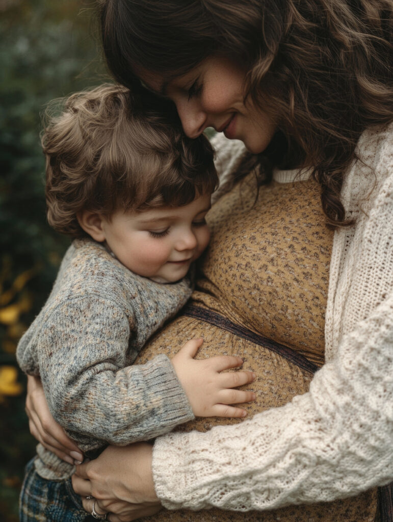 Schwangerschaftsfotografie 1 Schwangere Mutter mit Sohn bei einem natürlichen Outdoor-Shooting in Kempen am Niederrhein